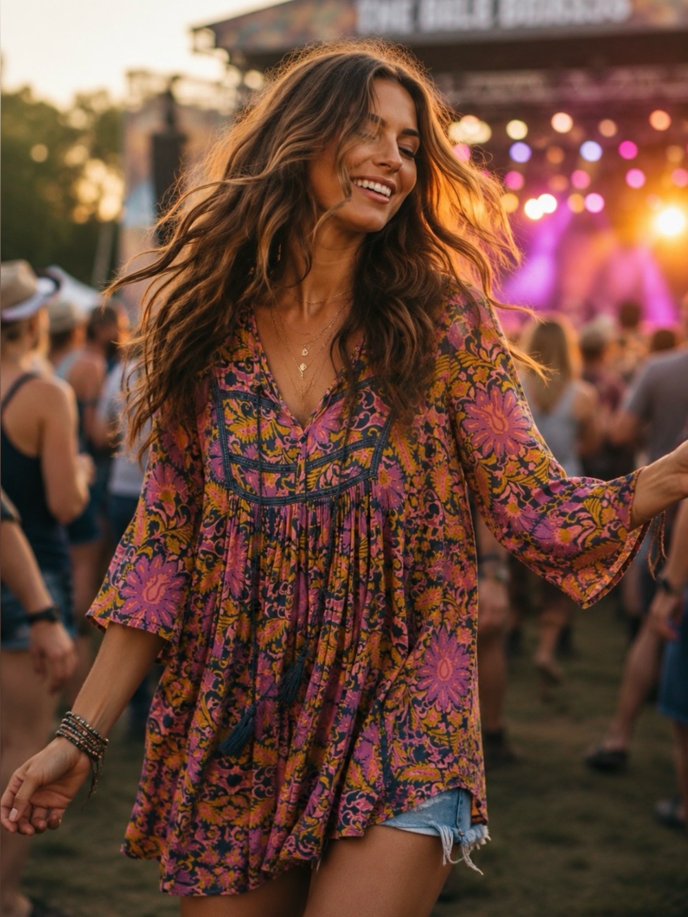 Cost Plus World Market Pink and Gold Floral Boho Long Sleeve Dress